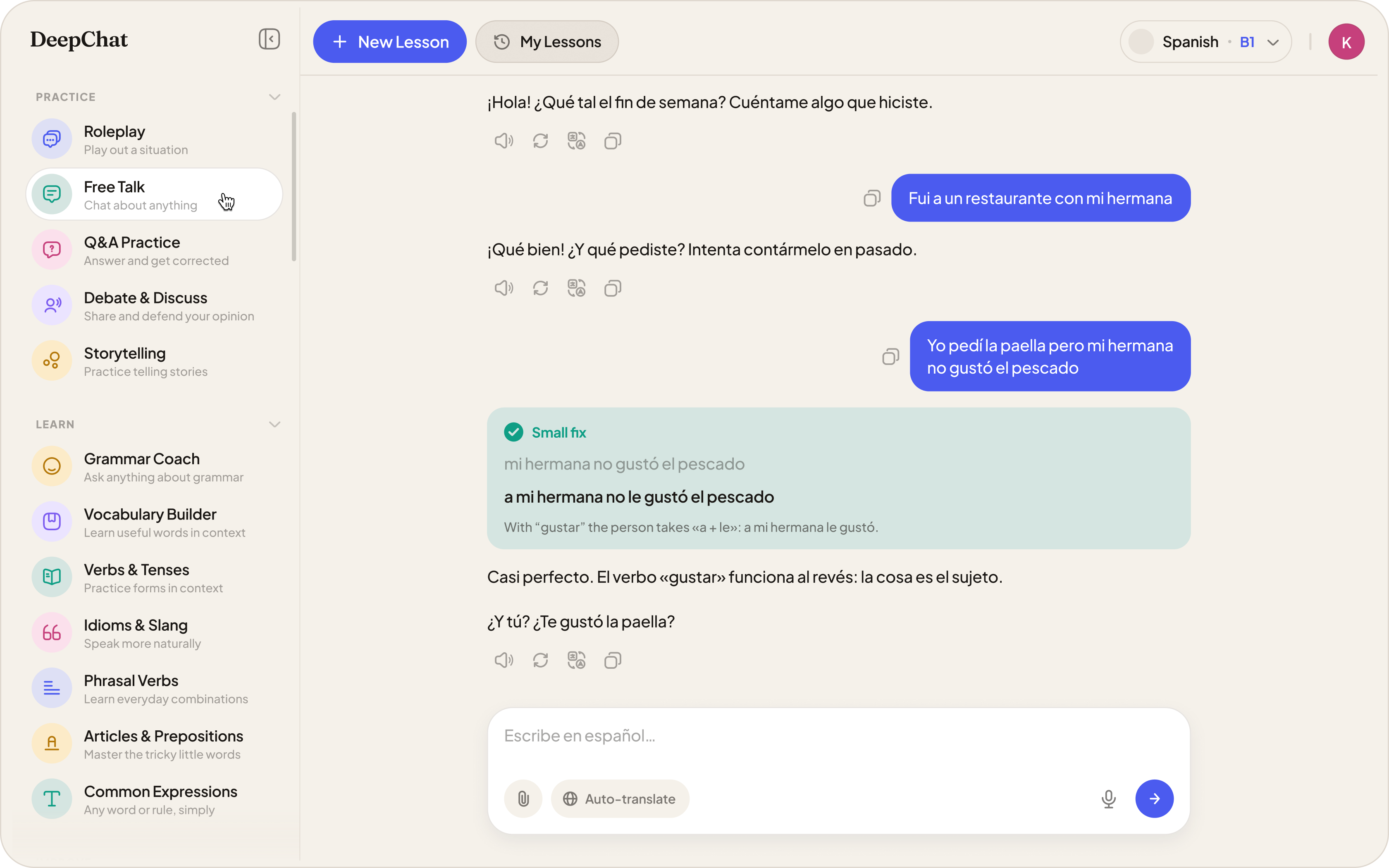 DeepChat conversation with gentle grammar correction